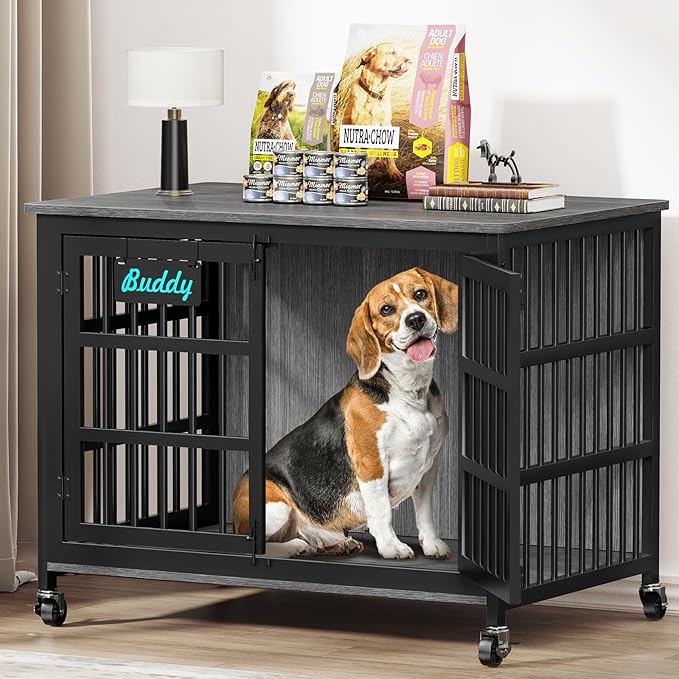 EasyCom 41"/33"/27" Dog Crate Furniture with Name Tag, Heavy Duty Dog Kennel Indoor for Medium Dogs, Double-Doors Sturdy Metal Dog Cage for Anxiety Dog, Decorate House as TV Stand, End Table