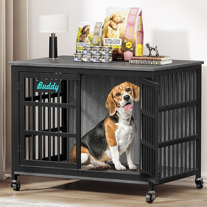 EasyCom 41"/33"/27" Dog Crate Furniture with Name Tag, Heavy Duty Dog Kennel Indoor for Medium Dogs, Double-Doors Sturdy Metal Dog Cage for Anxiety Dog, Decorate House as TV Stand, End Table
