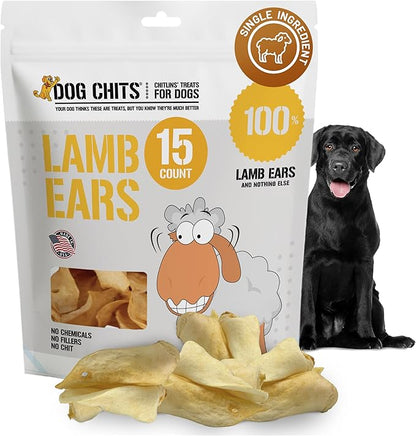 Dog Chits Lamb Ears for Dogs – 100% Natural Baked Lamb Ear Dog Treats – Grain-Free, High Protein, Lower Fat Training Chews – Dental Health & Joint Support – for Large, Medium Dogs – 15 Pack