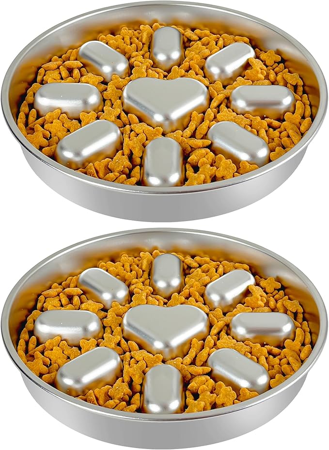Slow Feeder Dog Bowls with Non-Slip Mat, Stainless Steel Metal Slow Feeder for Small & Medium Dogs, 2 Cups Pet Bowl for Slows Down Eating, Dishwasher Safe, Anti-Gulping Dog Bowl -2 Pack