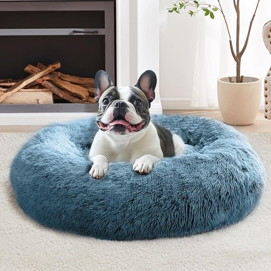 JOLLYVOGUE Small Dog & Cat Beds for Indoor Cats, Donut Cuddler Warming Soft Dog Beds with Anti-Slip Bottom, Round Calming Fluffy Plush Faux Fur Cushion Bed for Small Dogs (20", Blue)