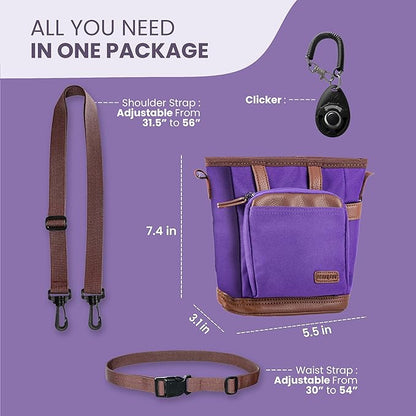 BEAU&FUR Large Dog Treat Pouch with Clicker for Training – 4 Cup Capacity, Built-In Poop Bag Dispenser, Expandable Pocket, Metal Buckle, Large Back Pocket, Ideal Design for Walks and Training – Purple