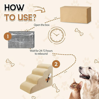 Dog Stairs, Romrol Dog Steps Ramp for High Bed and Couch, Dogs Ramp with Durable Non-Slip Waterproof Fabric Cover, Pet Stairs for Small Dogs and Cats or Pets Joints, 4-TiersBeige