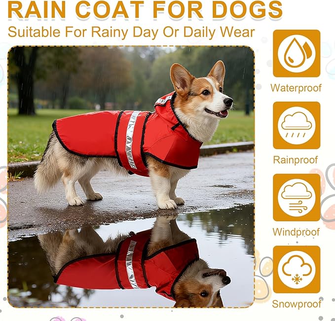 Dog Raincoat, Dog Rain Jacket Waterproof Jacket Reflective Adjustable Hooded Pet Rain Coat with Leash Hole, (Red, L), Intended for Large Medium Small Puppies