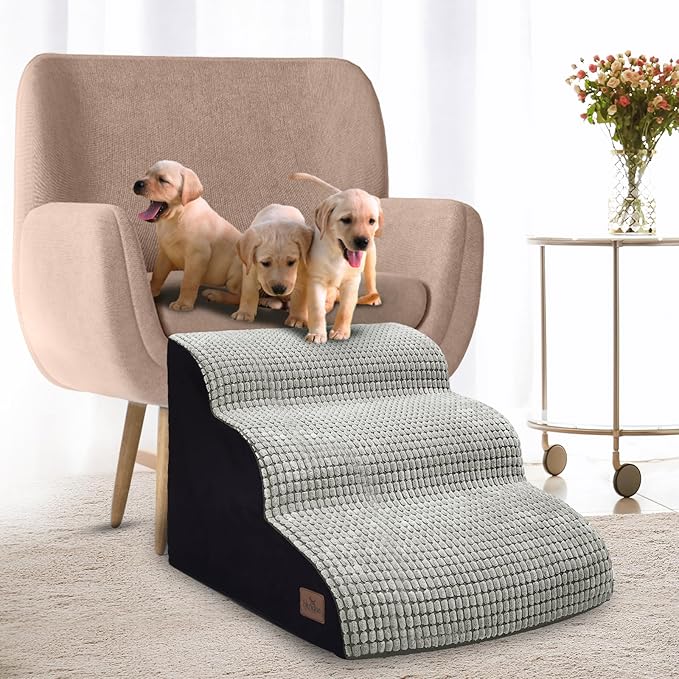 Dog Stairs for Small Dogs, 15.8 in H 3 Step Curved Dog Ramp for High Bed and Couch, Foam Dog Ramp with Durable Non-Slip Waterproof Fabric Cover, Pet Stairs for Pets Joints, Light Grey