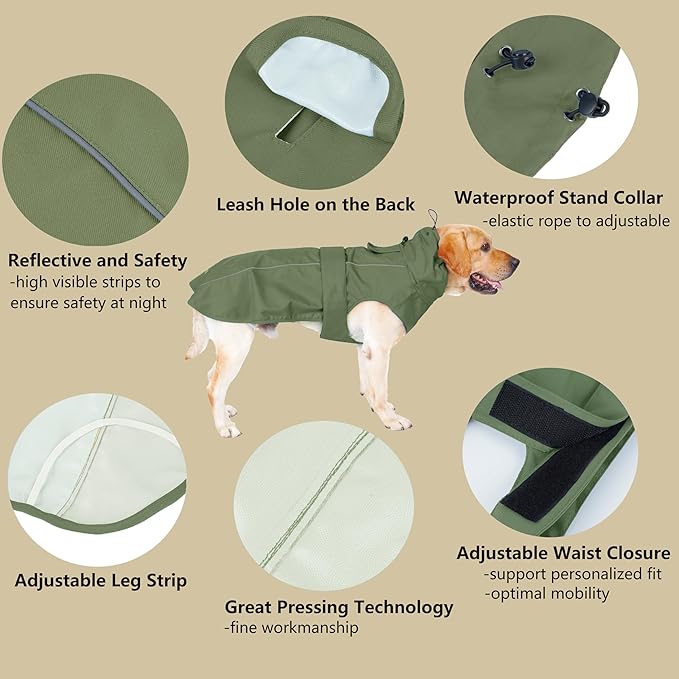 Adjustable Waterproof Dog Raincoat for Dogs,Lightweight Pet Rain Jacket Puppy Clothes with Reflective Strip for Small Medium Large Dogs (Army Green, X-Large)
