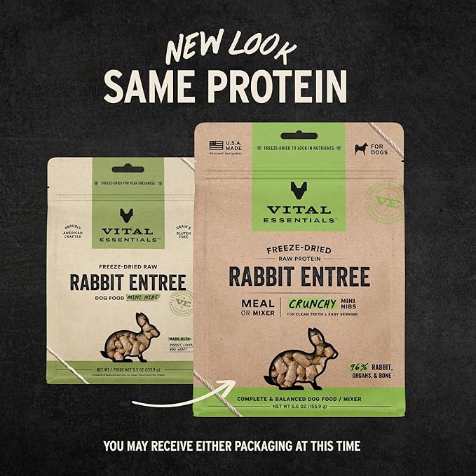 Vital Essentials Freeze-Dried Raw Rabbit Crunchy Mini Nibs | Complete Meal or Mixer Dog Food | 5.5 oz