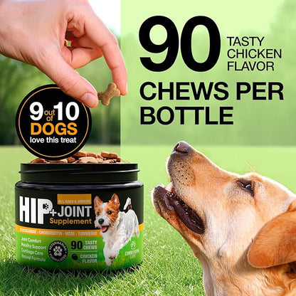 Glucosamine & Chondroitin for Dogs – Hip and Joint Supplement Chews with MSM, Vitamin C, Turmeric, Omega-3 for All Breeds – Pain & Mobility Support – 2-Month Supply – Chicken Flavor