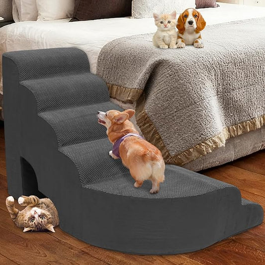 6 Tier Dog Stairs/Steps for High Bed, 27.5”H Non-Slip Pet Stairs Adjust to Left Side of Bed, Pet Steps for Puppies, Old Pets, and Injured Dogs, Dark Gray