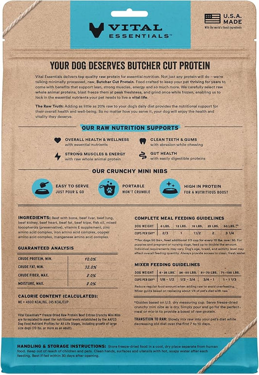 Vital Essentials Freeze-Dried Raw Beef Crunchy Mini Nibs | Complete Meal or Mixer Dog Food | 14 oz