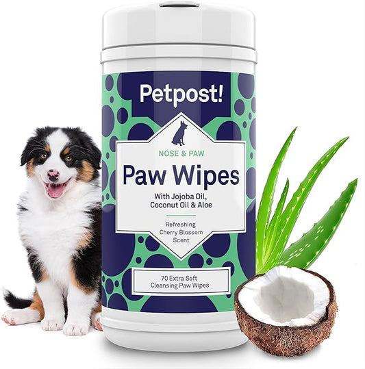 Petpost Large Paw Wipes for Dogs | 70 Count Dog Paw Cleaner Wipes with Coconut Oil, Jojoba Oil & Aloe | Gentle Pet Wipes for Paws | Ultra Soft Cotton Pads, Cherry Blossom Scent