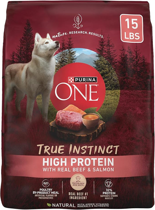 Purina ONE Natural High Protein Dry Dog Food Dry True Instinct with Real Beef and Salmon With Bone Broth and Added Vitamins, Minerals and Nutrients - 15 lb. Bag