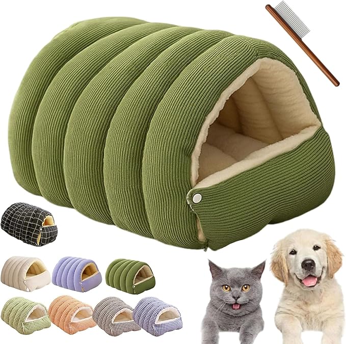 Winter Cave,Warmth Cozy Comfort Plush Pet Cave,Cute Cozy Safe Hideaway Cat Bed with Removable Cushion,Warm Soft Removable Washable for Cats and Dogs (Green, M：17.71 * 11.81 * 7.48 in)