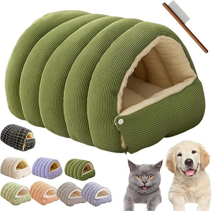 Winter Cave,Warmth Cozy Comfort Plush Pet Cave,Cute Cozy Safe Hideaway Cat Bed with Removable Cushion,Warm Soft Removable Washable for Cats and Dogs (Green, M：17.71 * 11.81 * 7.48 in)