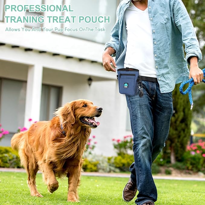 Dog Treat Pouch Magnetic Closure with Training Clicker，Hands-Free Design to Prevent Spills，Built in Poop Bag Dispenser，3 Ways To Wear，Metal Clip Waist Belt and Fanny Pack for Pet Walking（Blue）