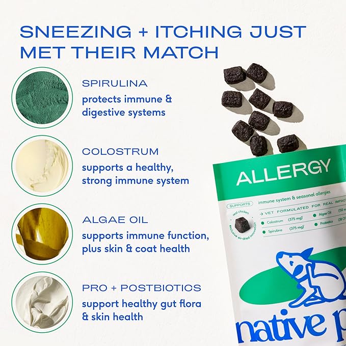 Native Pet Dog Allergy Chews - Dog Allergy Relief with Probiotics and Colostrum for Itchy Skin Relief to Support Seasonal Allergy and Healthy Immune System - All Natural Anti-Histamine - 60 Chews