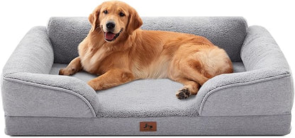 XL Orthopedic Dog Beds for Large Dogs, Waterproof Egg-Crate Foam Pet Couch Bed with Soft Sides, Non-Slip Dog Sofa with Fleece Removable Washable Cover, 42" L Supportive Pet Sofa, Light Grey