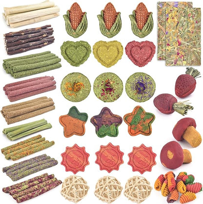 ERKOON 106PCS Bunny Chew Toys for Rabbits Teeth, Natural Rabbit Toys Apple Wood Sticks, Carrot, Timothy Grass Treats for Small Pets, Hamster, Chinchilla, Guinea Pig Dental Care and Treat Teething Toys