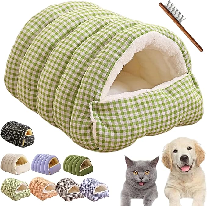 Winter Cave,Warmth Cozy Comfort Plush Pet Cave,Cute Cozy Safe Hideaway Cat Bed with Removable Cushion,Warm Soft Removable Washable for Cats and Dogs (Green Plaid, L:25.59 * 15.74 * 11.02 in)
