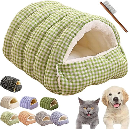 Winter Cave,Warmth Cozy Comfort Plush Pet Cave,Cute Cozy Safe Hideaway Cat Bed with Removable Cushion,Warm Soft Removable Washable for Cats and Dogs (Green Plaid, L:25.59 * 15.74 * 11.02 in)