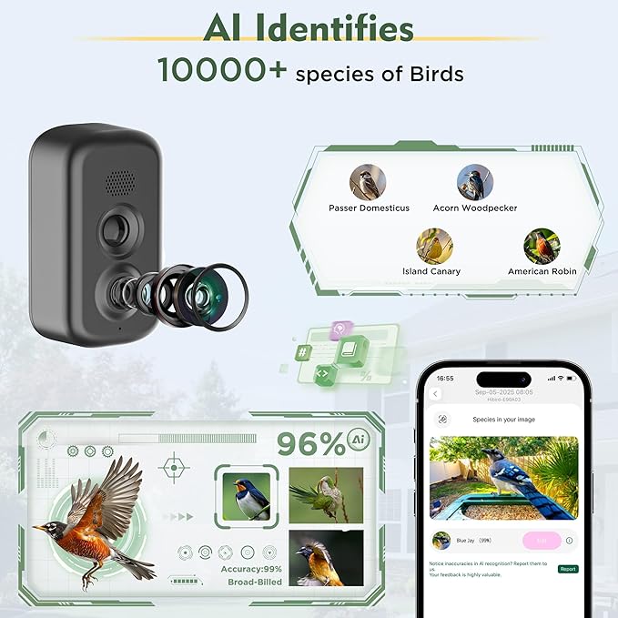 Hibird 4K HD Smart Bird Feeder with Camera Solar Powered, 2.4GHz/5GHz Dual WiFi Auto Capture Bird Video, Real-time Notifications & Live Streaming, AI Identify 10000+ Species for Gift