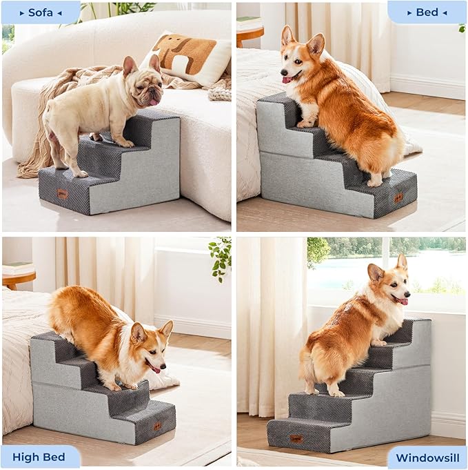 Dog Steps for High Beds - Dog Stairs 2 in 1 with Zippers Suitable for Small Dogs, Foam Pet Stairs with Non Slip Bottom Grey 5 Steps, Beige