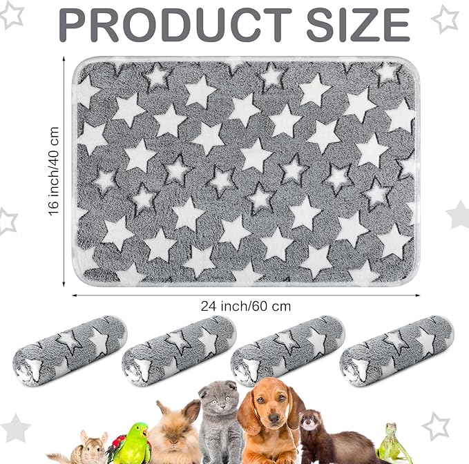 Reginary 4 Pcs Waterproof Guinea Pig Blankets Washable Small Animal Fleece Bedding Guinea Pig Cage Liners Reusable Training Pads Pet Pee Pad Sleep Mat for Hamster(Gray Star,24 x 16 Inch)