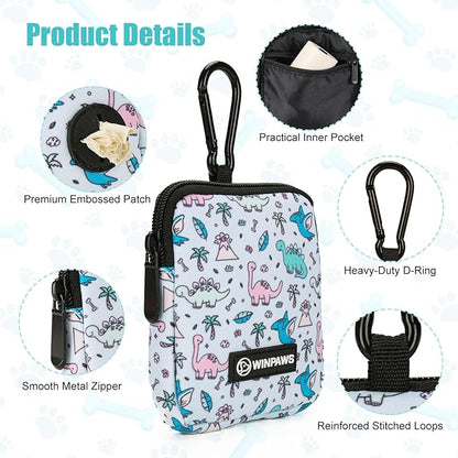 Dog Treat Pouch with Training Clicker,Waterproof Nylon Fabric Poop Bag Holders for Leashes,Hands Free Small Dog Walking Bag with Carabiner, Pet Puppy Training Walking Essentials (Dinosaur)