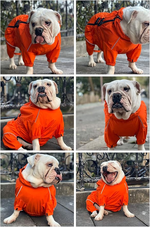 Dogs Waterproof Jacket, Lightweight Waterproof Jacket Reflective Safety Dog Raincoat Windproof Snow-Proof Dog Vest for Pugs English French Bulldog American Pit Bull Orange B-M