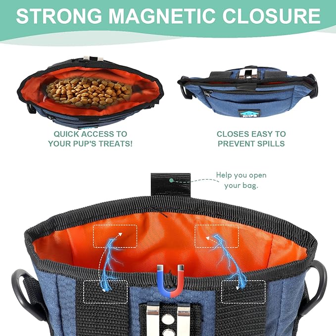 Dog Treat Pouch Magnetic Closure with Training Clicker，Hands-Free Design to Prevent Spills，Built in Poop Bag Dispenser，3 Ways To Wear，Metal Clip Waist Belt and Fanny Pack for Pet Walking（Blue）
