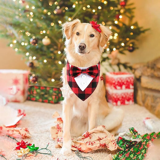 Adjustable Red Plaid Christmas Dog Tuxedo Bandana with Bow Tie - Holiday Pet Outfit Costume for Dogs XS to XL
