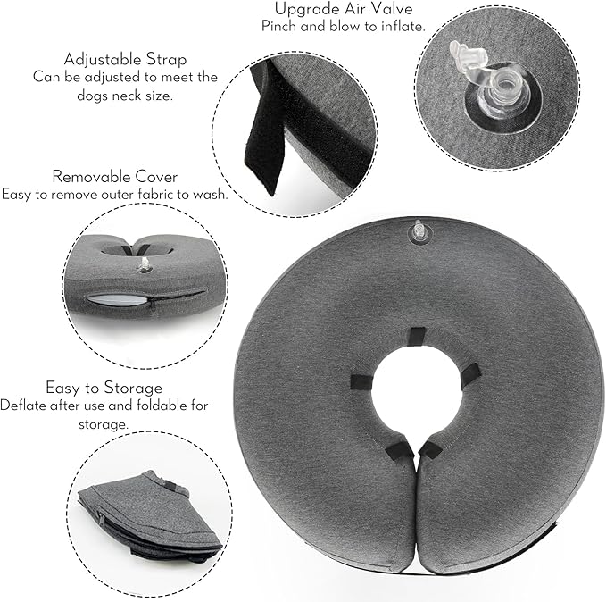 MIDOG Dog Cone - Inflatable Soft Donut Collar Alternative for Dogs After Surgery, Protective Recovery Collar Prevents Licking, Comfortable E-Collar Alternative for Small Medium Large Dogs (Gray, M)