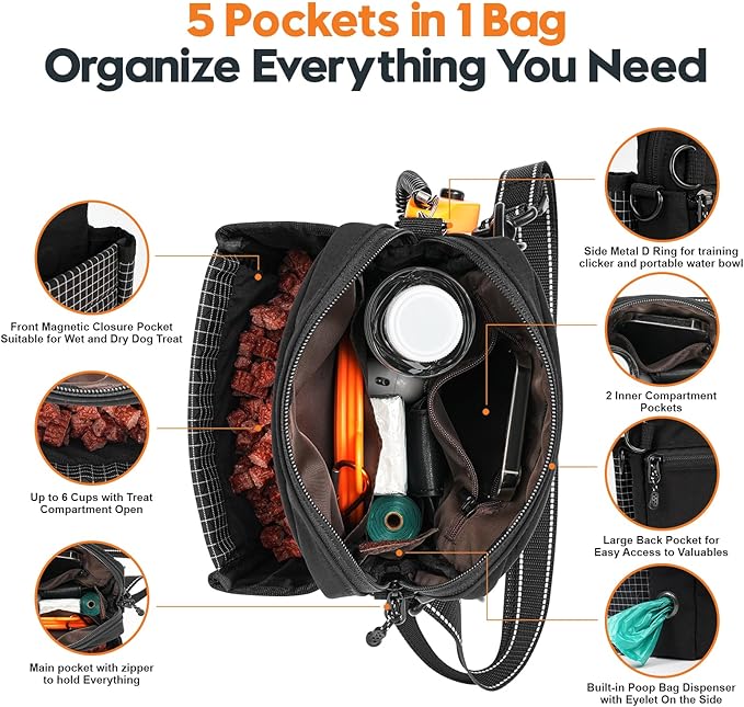 Dog Treat Pouch – Large Capacity with Magnetic Closure, Dog Walking Fanny Pack Built-in Poop Bag Dispenser, Clicker & Collapsible Bowl for Training & Walking - Black