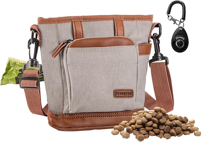 BEAU&FUR Large Dog Treat Pouch with Clicker for Training – 4 Cup Capacity, Built-In Poop Bag Dispenser, Expandable Pocket, Metal Buckle, Large Back Pocket, Ideal Design for Walks and Training – Cream