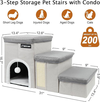 Dog Stairs for Bed Couch Folding with Storage, Dog Stairs for Small Dogs to Get On Bed with Cat Condo, Steps for Large Medium Dogs, Old Cat Pet Stair Steps for High Beds 17.2" H, Pet Ramp Up to 220LBS