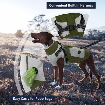 IECOii Dog Coat for Large Dogs Waterproof Dog Winter Jacket with Harness Built in, Green - XXLarge, Thermal Warm Fleece Lined, Reflective Dogs Jackets for Cold Weather Camping, Hiking, Pitbull