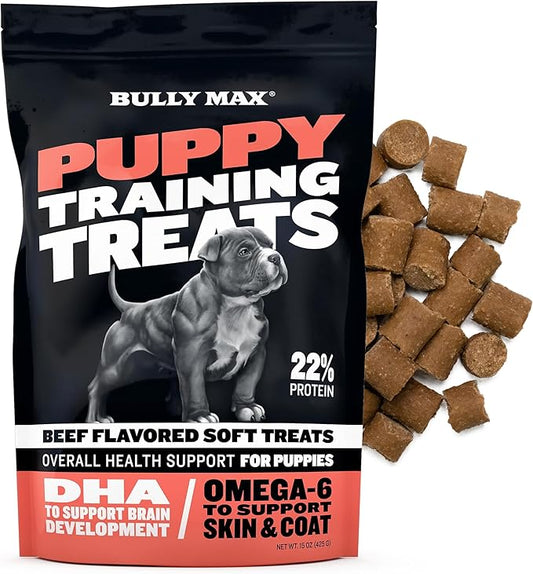 Bully Max Puppy Training Treats - Soft Chews Dog Food Supplements & Vitamins for Brain, Skin & Coat Health - Glucosamine & Chondroitin for Joint Support – Multivitamin Food Topper for Puppies - 1 Bag
