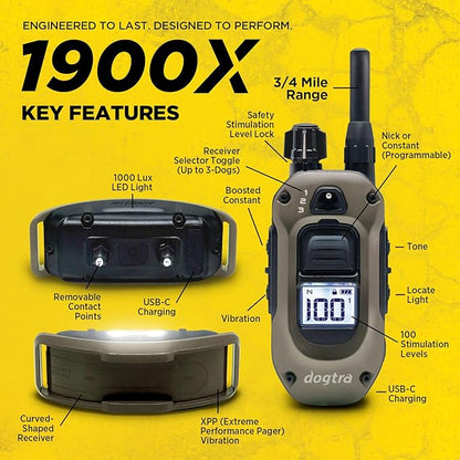 Dogtra 1900X E-Collar with Remote [New Edition] 35 lbs+, 3/4 Mile Range, LED Light, 100 Levels of Precise Control for Stubborn Dogs, Waterproof, Boost for Quick Recall, Vibration, Safety Lock & Tone