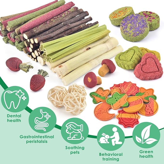 ERKOON 80PCS Bunny Chew Toys for Rabbits Teeth, Natural Rabbit Toys Apple Wood Sticks, Carrot, Timothy Grass Treats for Small Pets, Hamster, Chinchilla, Guinea Pig Dental Care and Treat Teething Toys