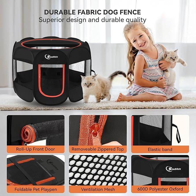 Black Dog Cat Playpen, Puppy Pet Playpen Indoor for Small Dog Crate Tent Cage Outdoor, Portable Pop Up Dogs Enclosure Kennel with Carrying Case for Dogs/Cats/Rabbits