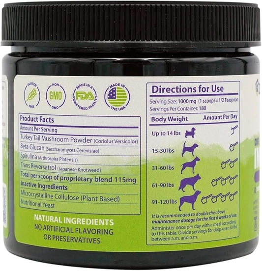 ZENAPET Dog Immune Support Premium Powder Topper, Turkey Tail, Spirulina & Beta-Glucan, Supports a Healthy Immune System & Digestion, Human-Grade, Made in USA