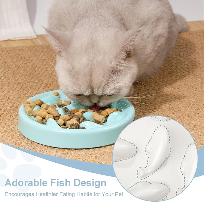 Slow Feeder Bowl for Cats and Small Dogs,Cilkus Fish Pool Design, Fun Interactive Bloat Stop Puzzle Feeder Bowl Healthy Eating Diet Made of Melamine Food Grade Material Dishwasher Safe (Blue)