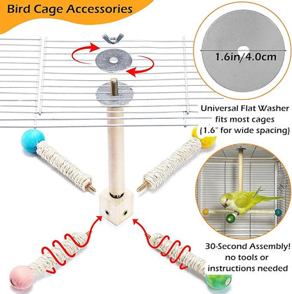 Large Bird Stand Perch Toy for Cage, Interactive Spinning Toys, Wooden Exercise Wheel Quaker Toy, Enrichment Bird Cage Accessories Perch Toys for Medium-Sized Birds Cockatiel Ring-Necked Caique (L)