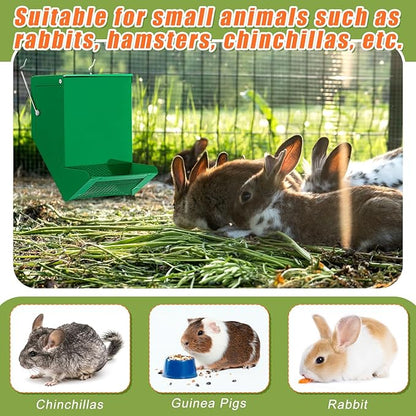 Maxcheck 2 Pcs Rabbit Feeder for Cages Small Animal Food Dispenser with Lid Metal Chicken Grit Oyster Shell Feeders Outside (4.7 Inches,Mesh Bottom,Green)