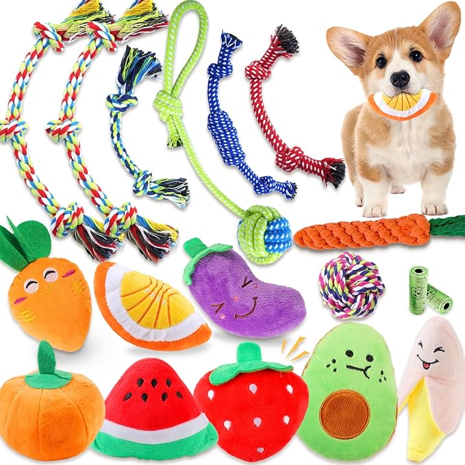 MRSOHRET 18 Pack Dog Toys Puppy Teething Toys, Puppy Essentials Chew Toy Bundle with Squeaky Toy and Interactive Rope for Small Dogs to Keep Them Busy