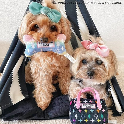 Haute Diggity Dog Black Monogram Chewy Vuiton Handbag, Plush Designer Dog Toys with Interactive Squeaker, Stimulating Pet Enrichment, Machine-Washable & Safe Materials for All Breeds, Size Large