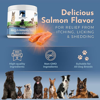 Dog Allergy Relief Chews - Itching Skin Relief with Probiotics and Turmeric for Dogs - Itchy Skin, Hot Spots, Paw Licking, Allergies & Immune Support - Made in USA - 120 Soft Treats, Salmon Flavor