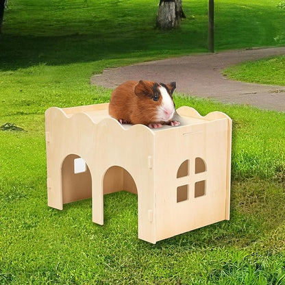 Bifeaw Guinea Pig Hideout, Natural Wooden Chew Proof Hideaway Hut for Small Pets (Wood, Guinea Pig)