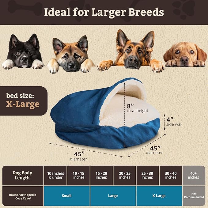 Snoozer Cozy Cave Dog Bed - Indoor Dog Bed with Cover Cave, Covered Calming Burrow for Medium & Large Sized Pets with Blanket Attached, Enclosed, Removable Washable Cover - XL, Sapphire