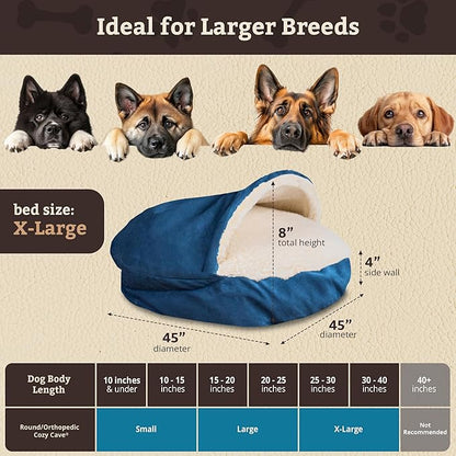 Snoozer Cozy Cave Dog Bed - Indoor Dog Bed with Cover Cave, Covered Calming Burrow for Medium & Large Sized Pets with Blanket Attached, Enclosed, Removable Washable Cover - XL, Sapphire